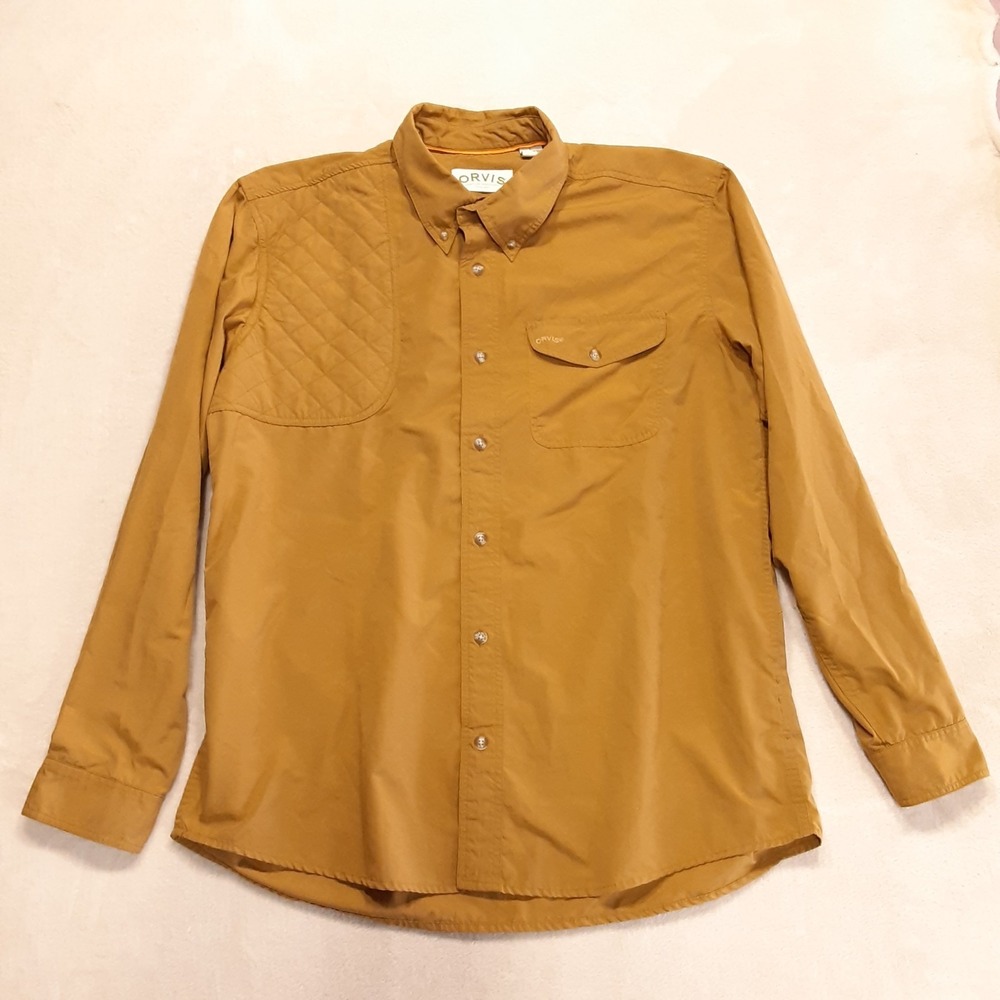 Orvis Mens LS Open Air Shooter Shirt L Gold Single Shoulder Pad Viscose Blend